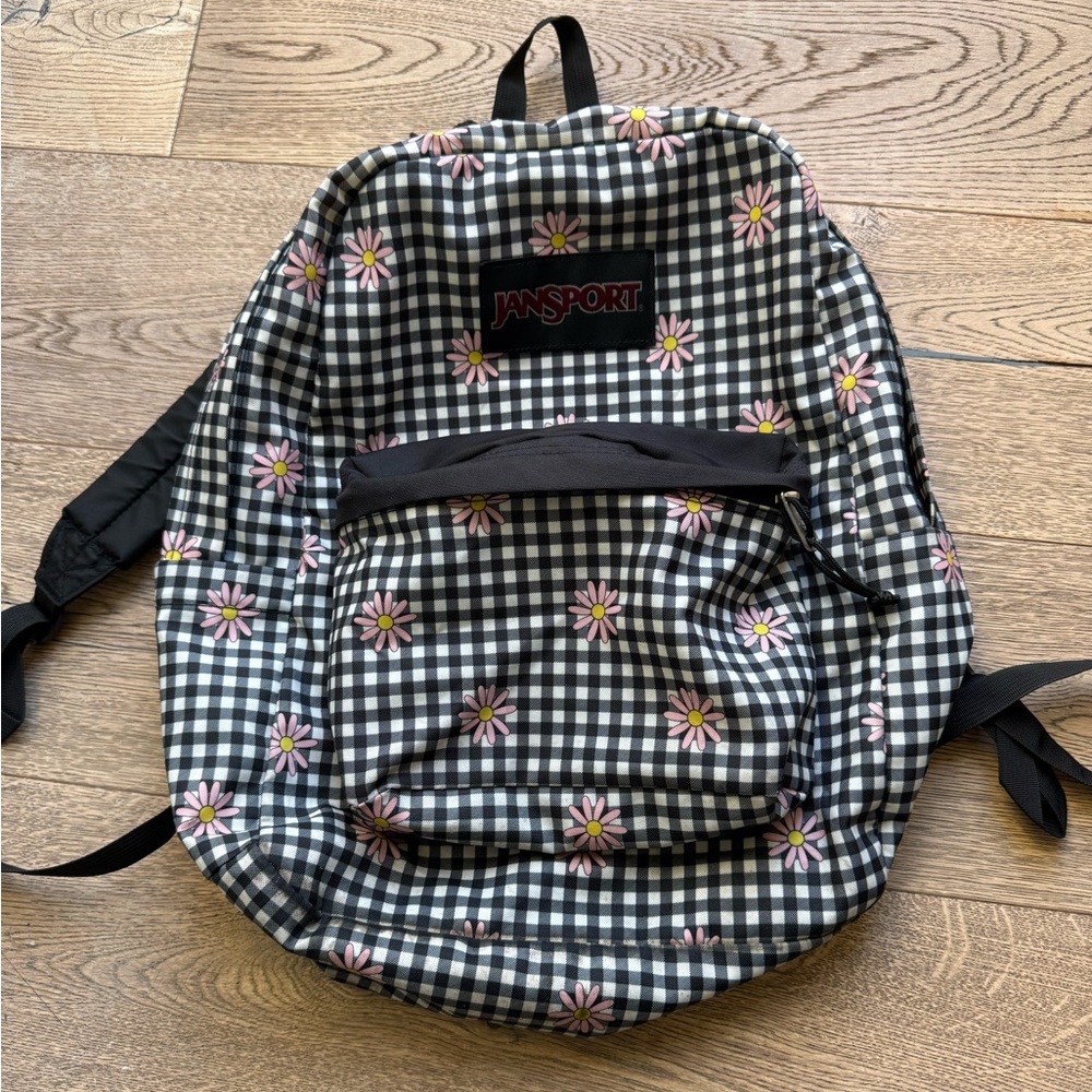 Jansport Checkered Backpack with Pink Floral Accents